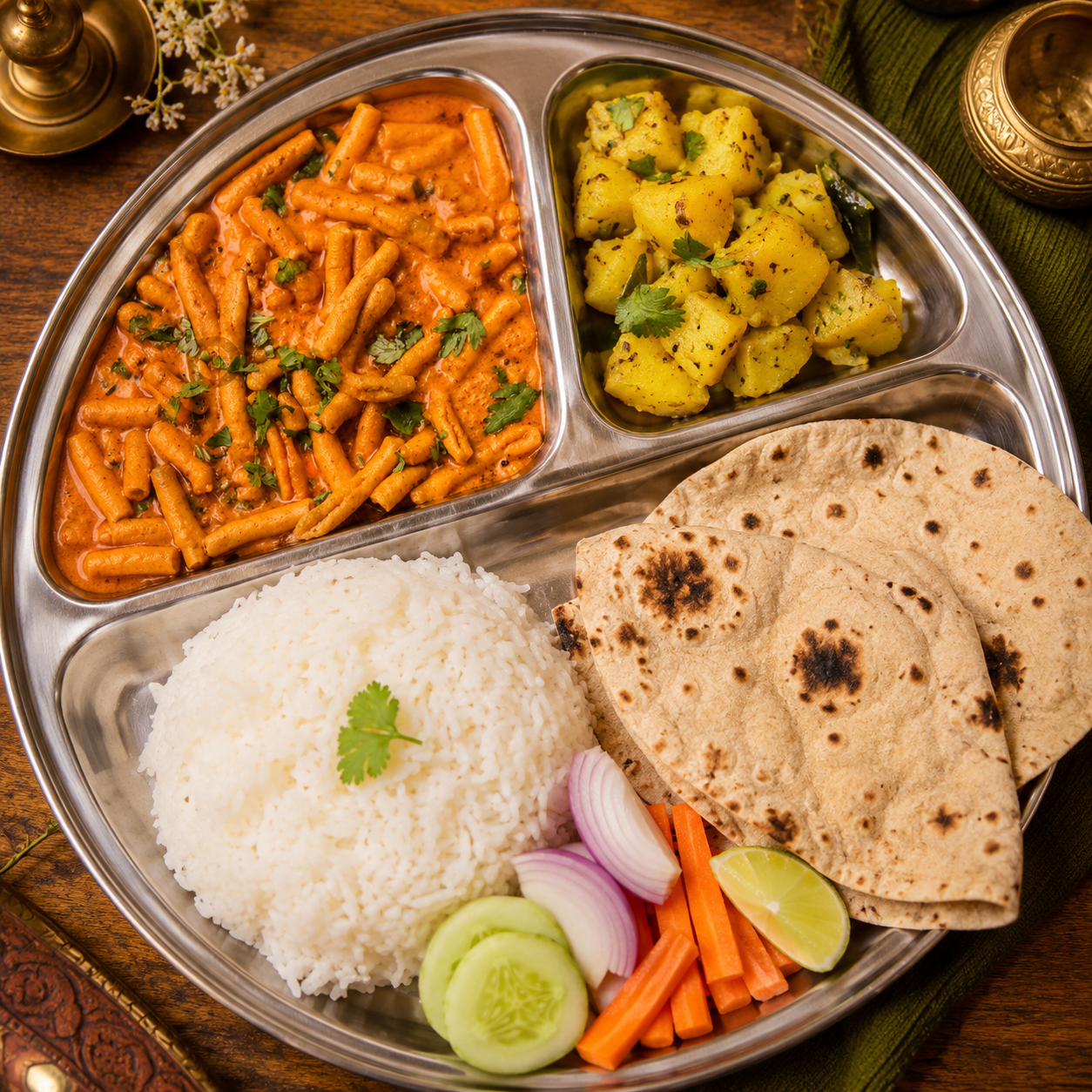 Sev Bhaji +Sukhe Alu Roti Rice Thali