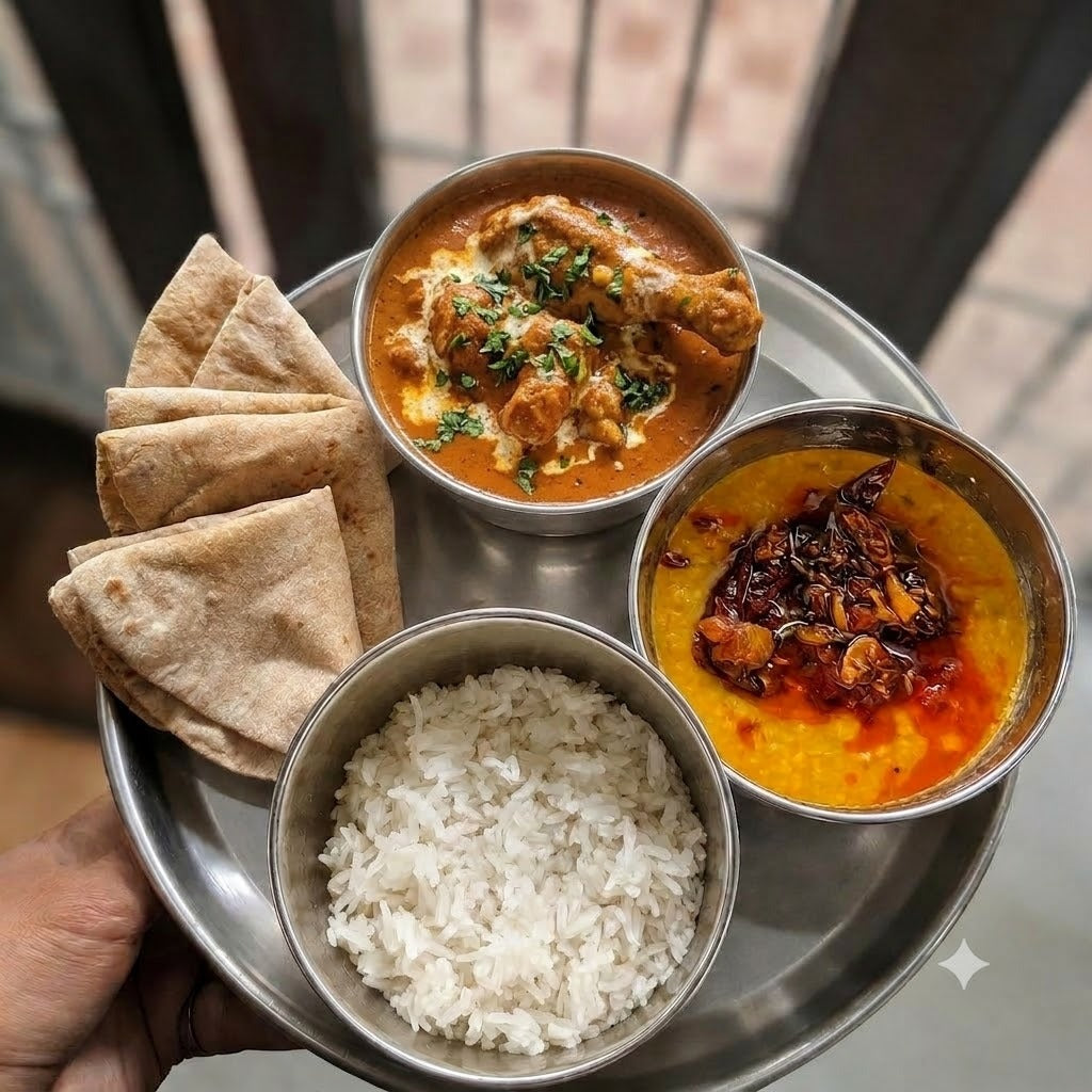 Butter Chicken Dal Roti Rice Thali - By Swesha