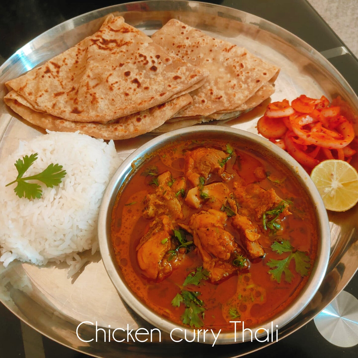 Chicken Curry Roti Rice Thali