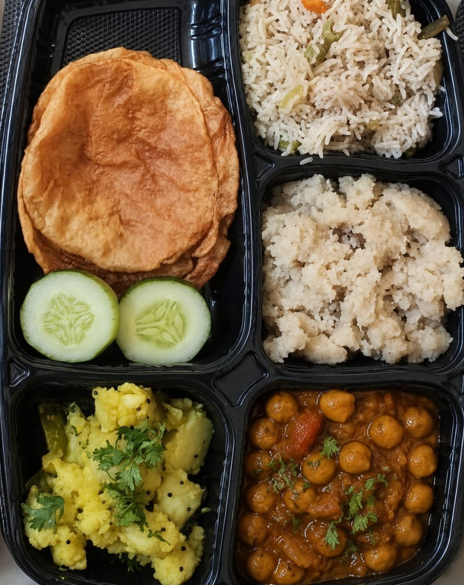 Veg Thali - Alu Poori Chola Rice Halwa