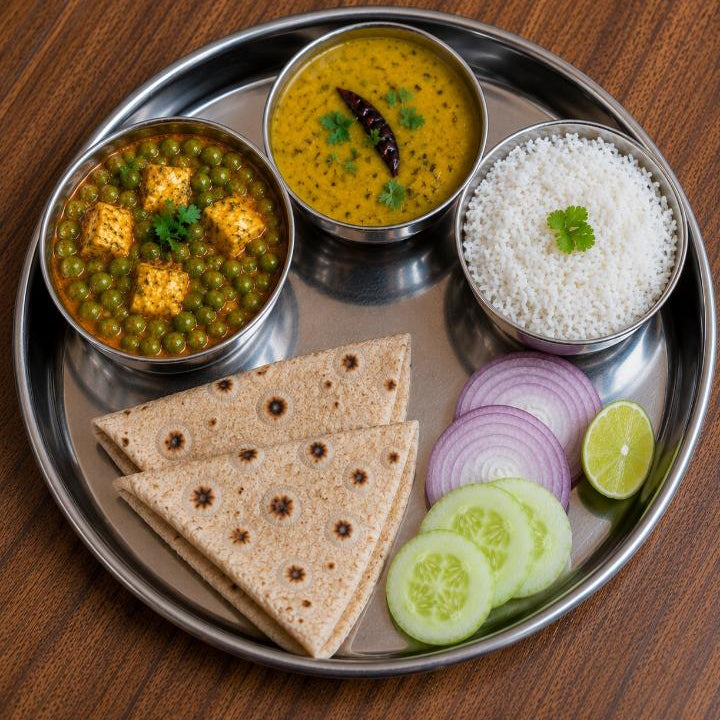 Matar Paneer, Roti , Rice  Thali