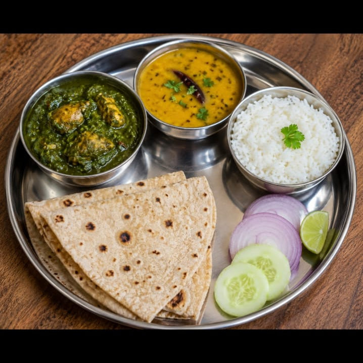 Palak Chicken, Dal , Roti Rice Thali