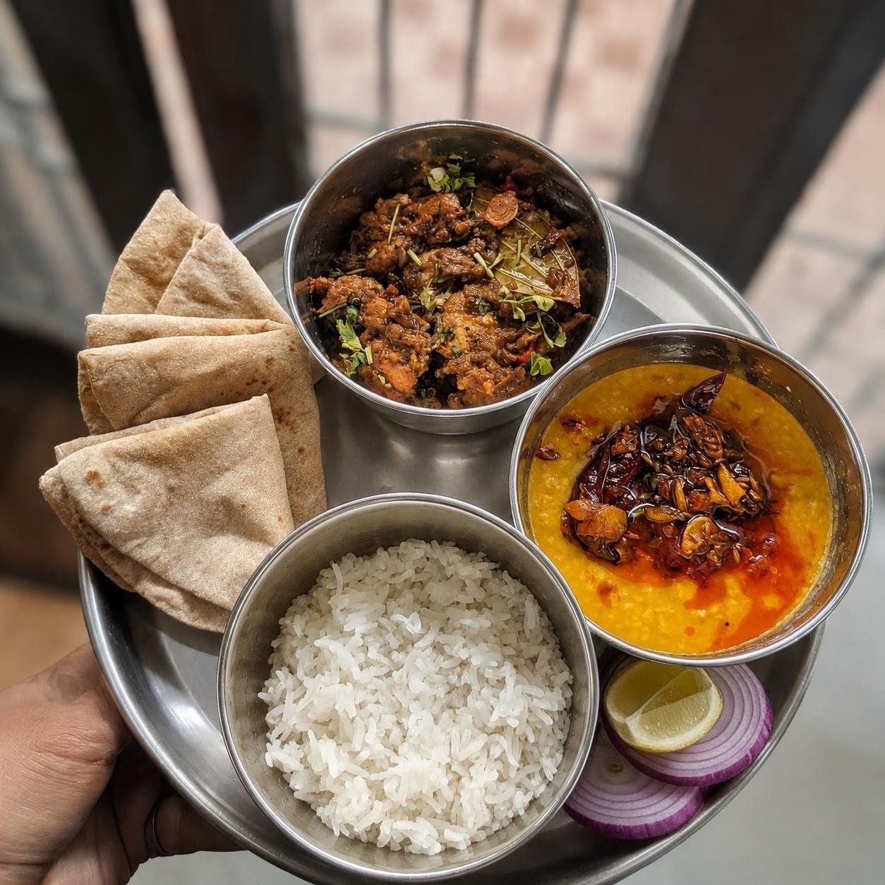 Bhuna Chicken Dal Roti Rice Thali - By Swesha