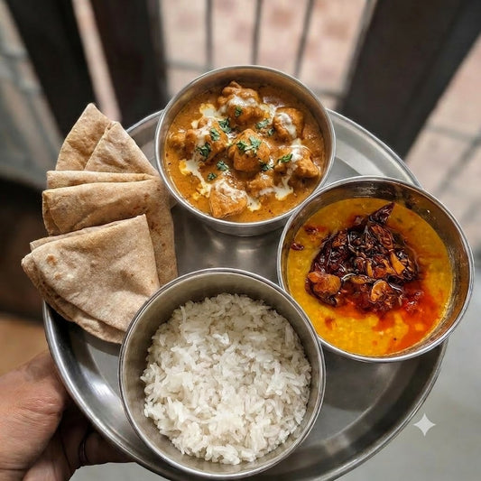 Butter Paneer Dal Roti Rice Thali - By Swesha