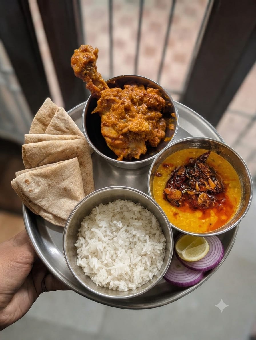 Chicken Curry Dal Roti Rice Thali - By Swesha