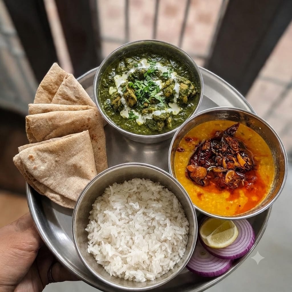 Saag Chicken Curry Dal Roti Rice Thali - By swesha