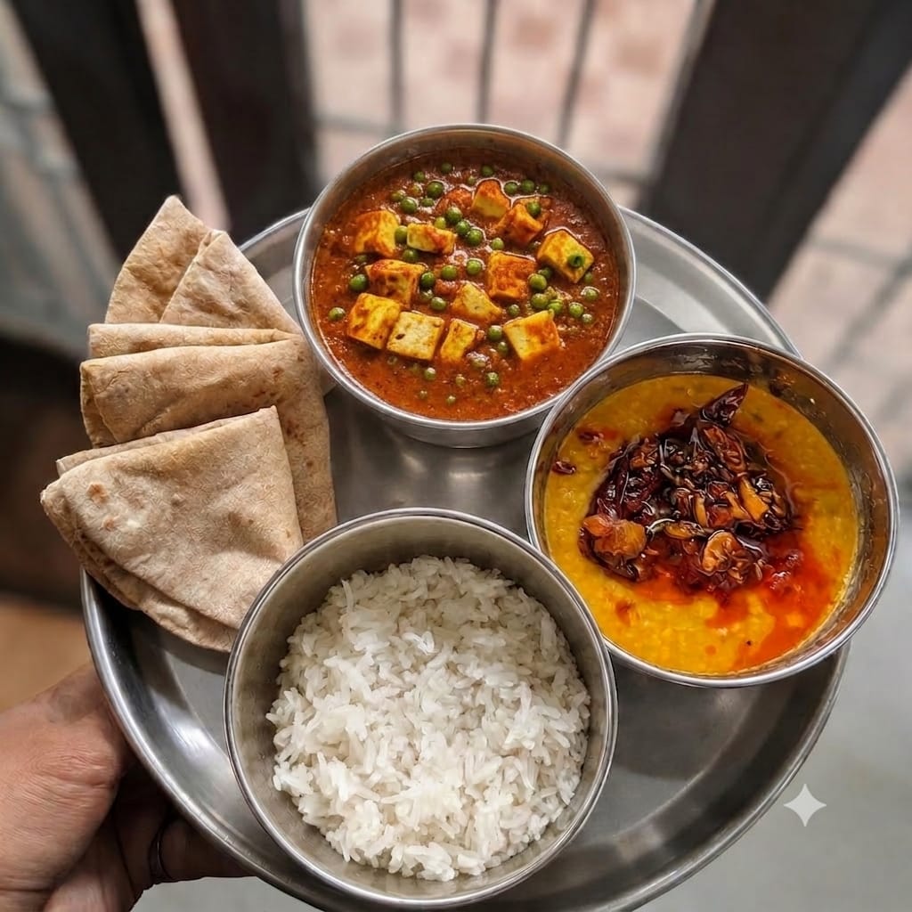 Matar Paneer Curry Dal Roti Rice Thali - By swesha